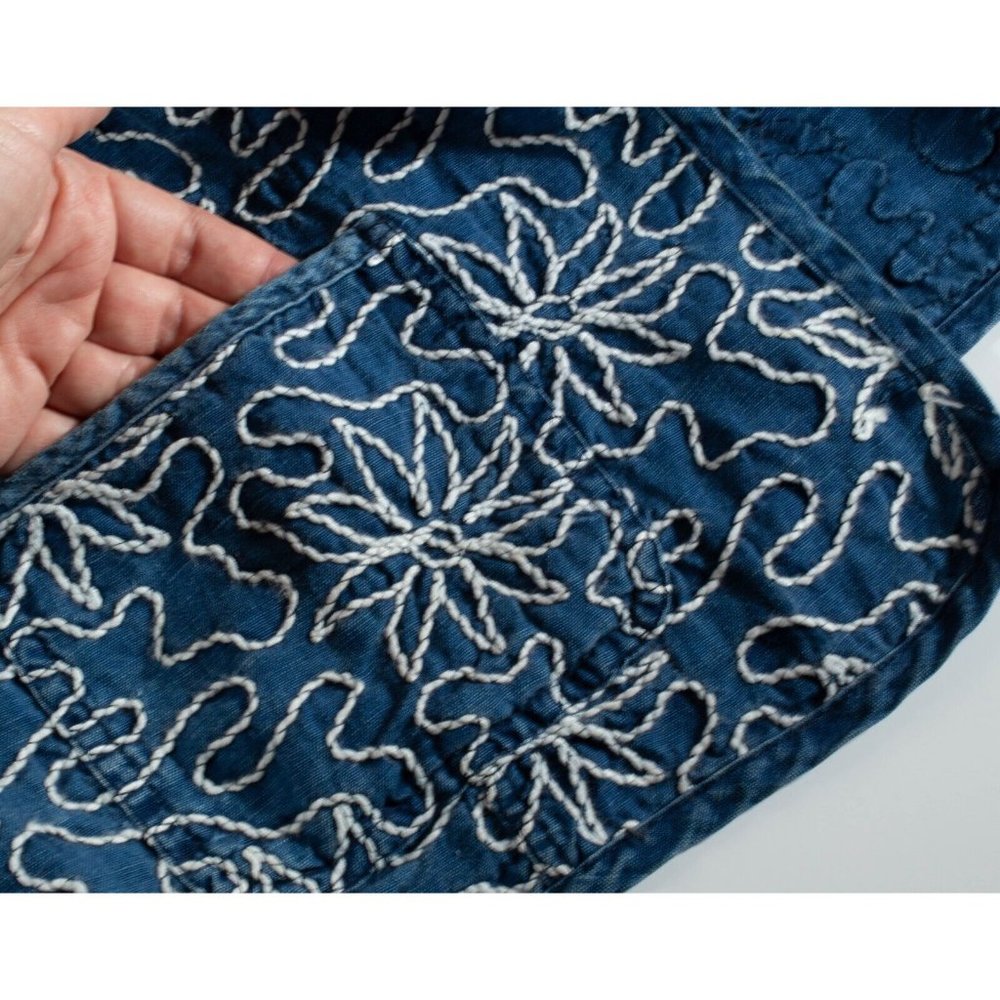 Chico’s L Linen Jacket‎ Blue Floral Embroidered Open Front Pockets Lagenlook - Picture 4 of 5
